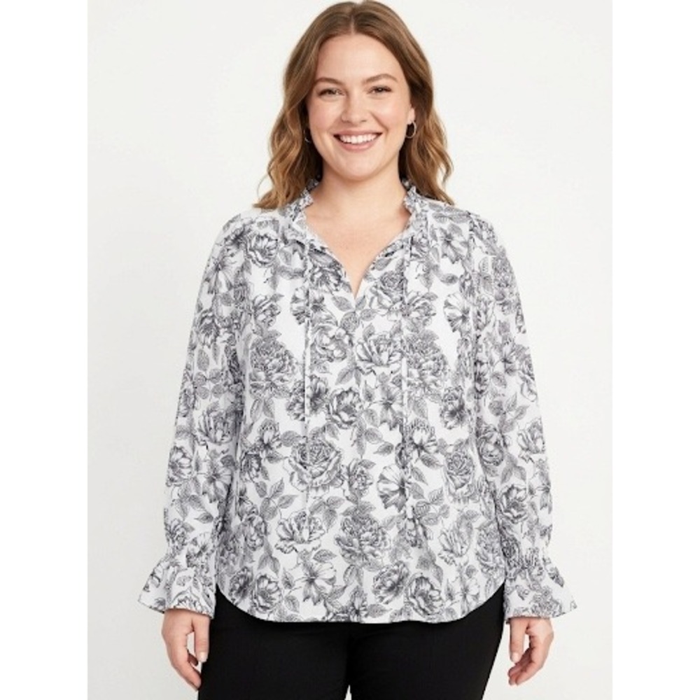 Morgan Taylor Womens 3X White Black Floral Ruffle Tie Neck Blouse Smocked Cuff